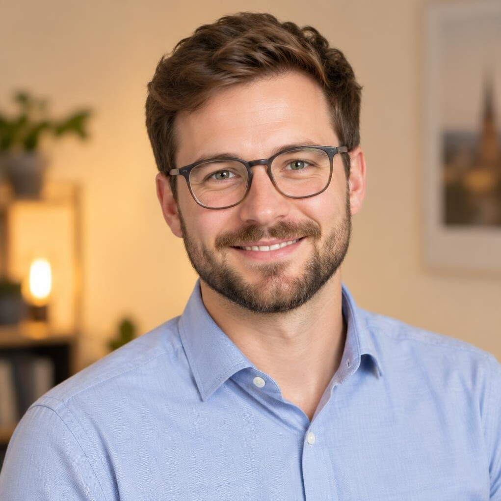 Smiling bearded man with glasses in a business casual shirt