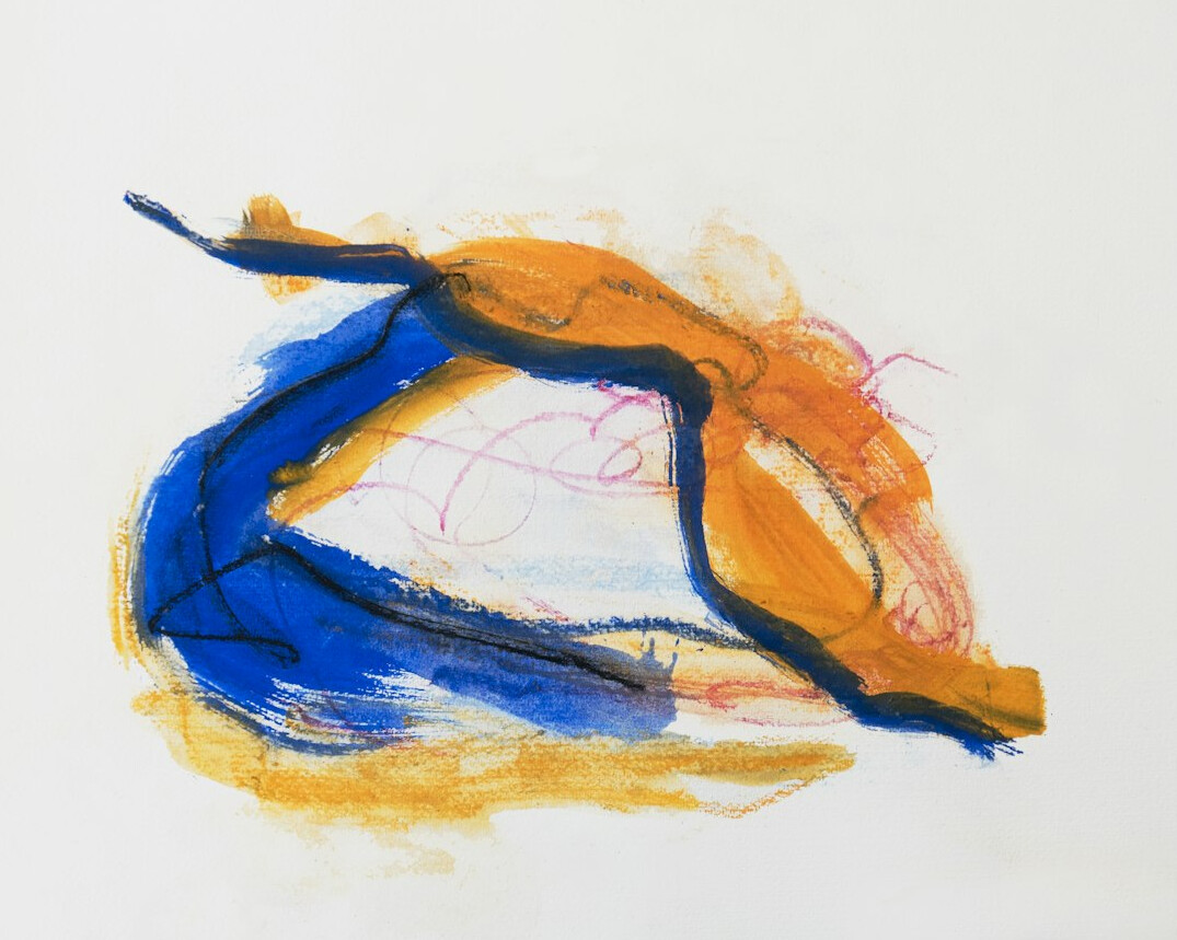 Abstract acrylic painting with blue and orange brush strokes