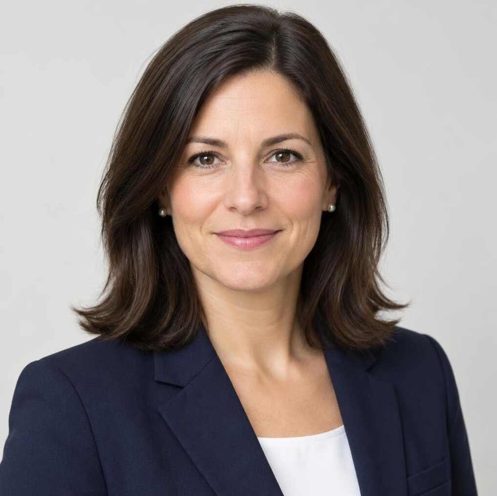 Professional woman with dark hair in a blazer, studio portrait