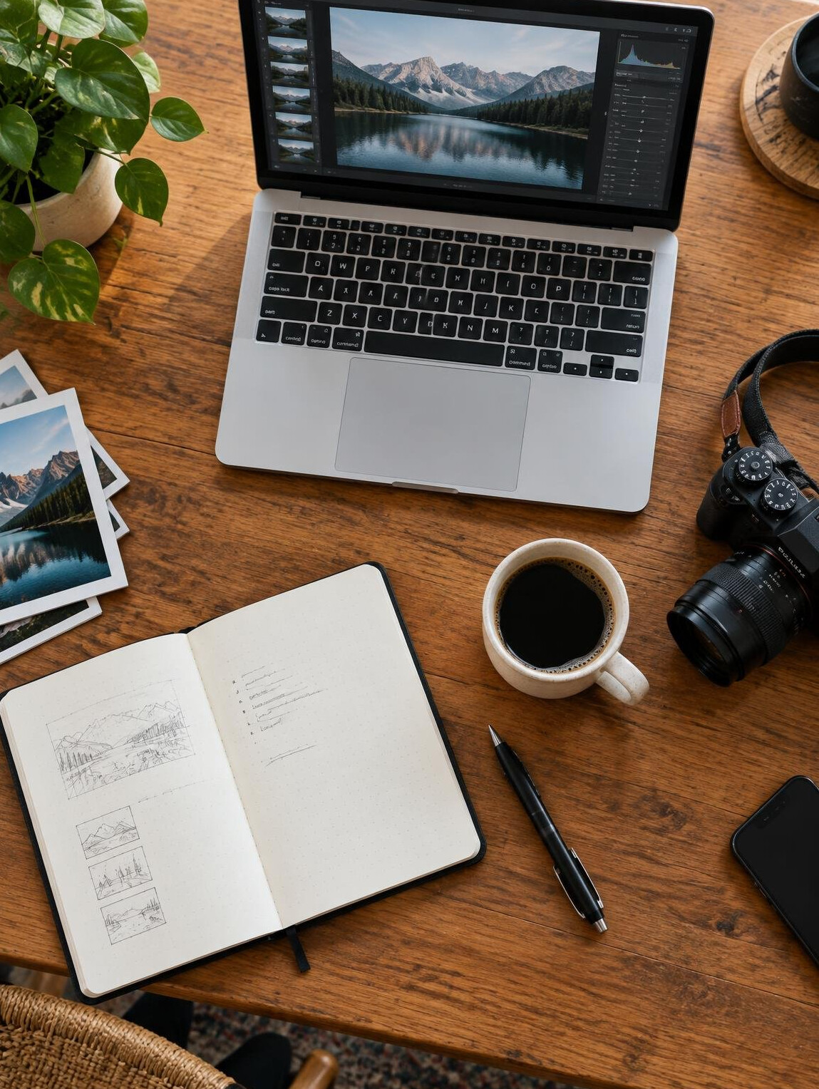 Top view of a wooden table with laptop, camera, notebook and coffee