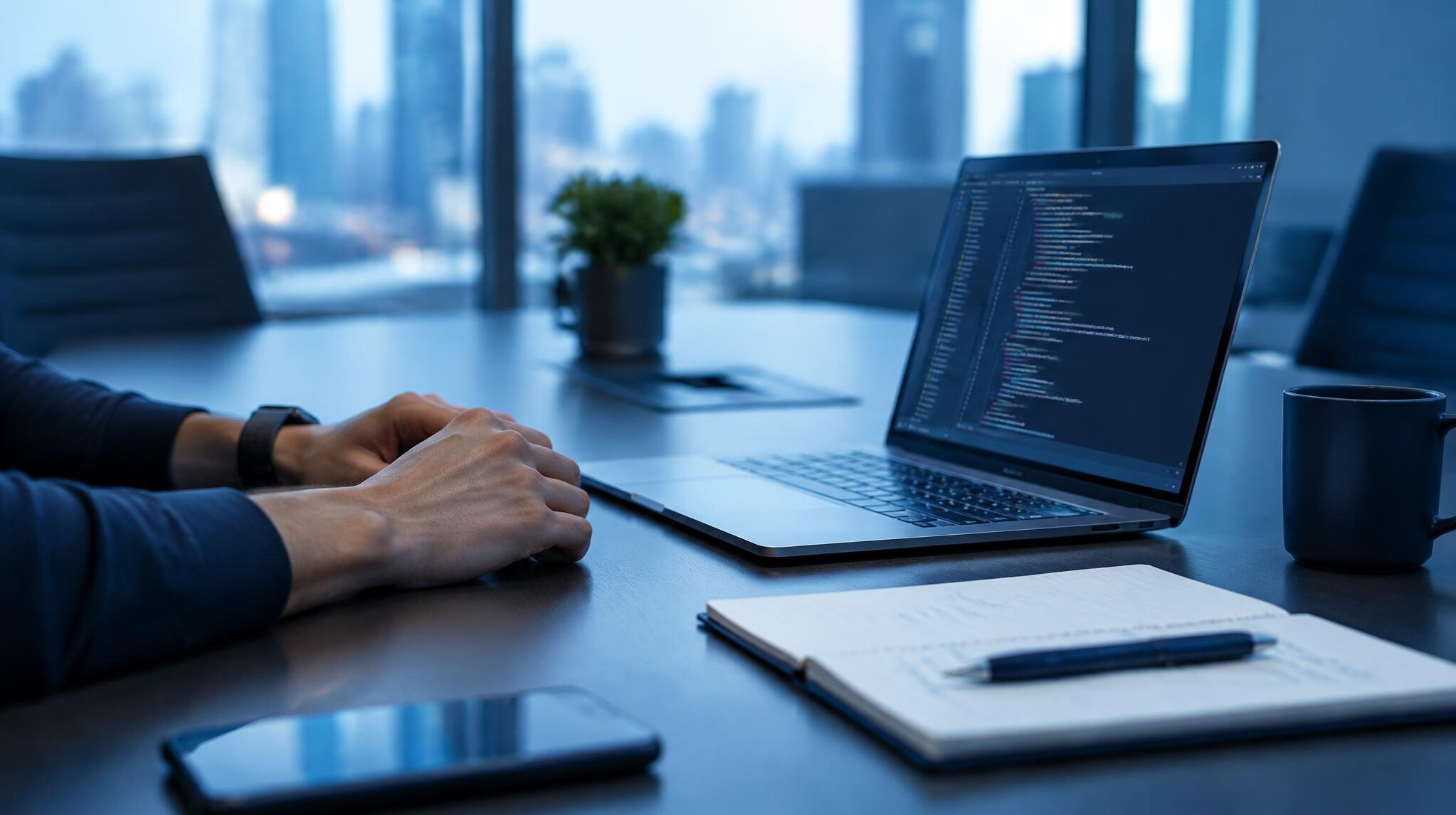 Person taking notes at a conference table with laptop